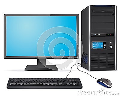Realistic computer case with monitor,keyboard and mouse Vector Illustration