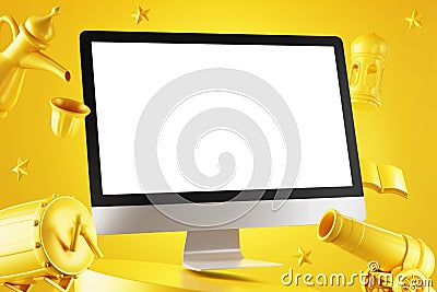 realistic computer desktop blank white display mockup on floating golden scheme 3d podium composition concept rendering ramadan Stock Photo