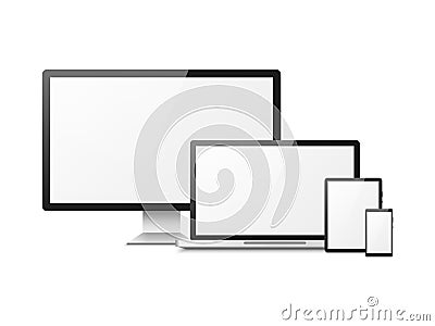 Realistic computer. Devices laptop tablet phone smartphone monitor, computer desktop screen, responsive web layout Vector Illustration