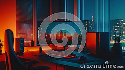 Realistic computer equipment. 3D curved monitor, keyboard, mouse with pad. Personal set of the user. Modern color Stock Photo