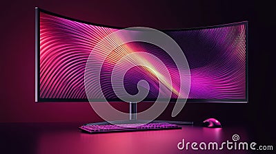 A realistic computer set featuring a curved monitor, keyboard, and mouse with pads. A personal set of the user. Modern Stock Photo