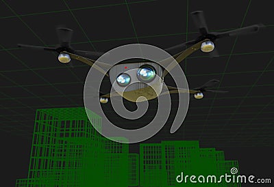 Realistic copter with cameras flying over virtual city 3d illustration Stock Photo