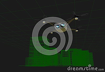 Realistic copter with cameras flying over virtual city 3d illustration Stock Photo