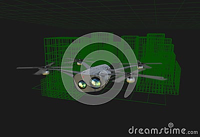 Realistic copter with cameras flying over virtual city 3d illustration Stock Photo