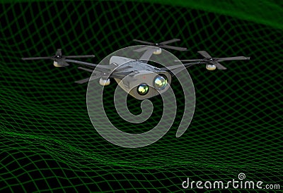 Realistic copter with cameras flying over virtual landscape 3d illustration Stock Photo
