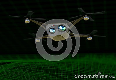 Realistic copter with cameras flying over virtual landscape 3d illustration Stock Photo