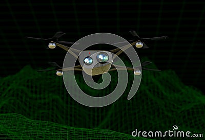 Realistic copter with cameras flying over virtual landscape 3d illustration Stock Photo