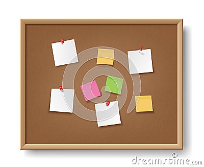 Realistic cork board with pinned paper notepad sheets. Corkboard for memo, stickers and notes Vector Illustration