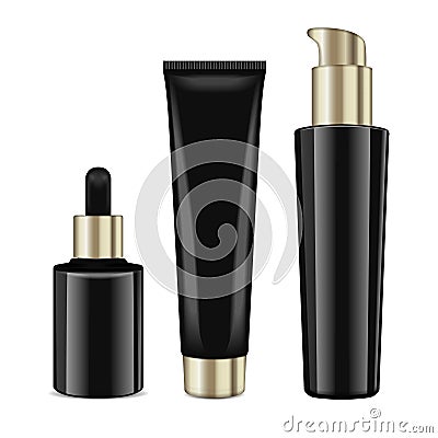 Realistic cosmetic black bottles with gold caps. Vector containers for cream and tubes for cream, lotion, gel, balsam Vector Illustration
