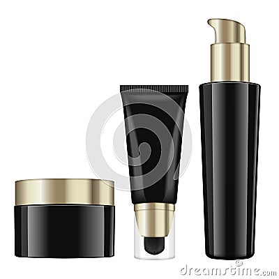 Realistic cosmetic black bottles with gold caps. Vector containers and tubes for cream, balsam, lotion, gel, foundation Vector Illustration