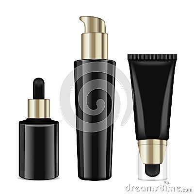 Realistic cosmetic black bottles with gold caps. Vector containers and tubes for cream, lotion, gel, balsam, foundation Vector Illustration