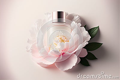 Realistic cosmetic bottle with cream and peony flower on a light background Stock Photo