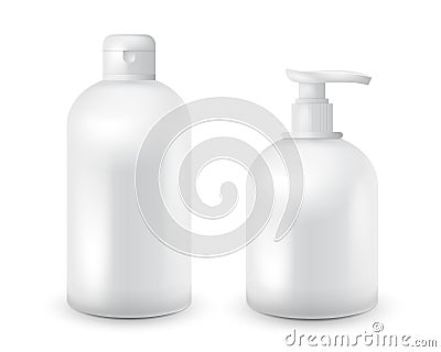 Realistic cosmetic bottle mock up set pack on white background. Cosmetic brand template. Shampoo and soap pack. Vector Illustration