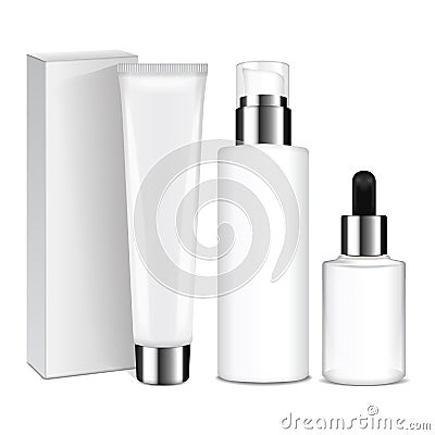 Realistic cosmetic bottles with silver caps. Vector containers and tubes for cream, lotion, gel, balsam, foundation Vector Illustration