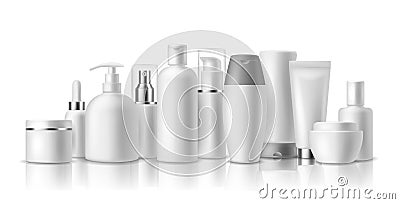 Realistic cosmetic mockups. Skin care cosmetics bottles, container and jar. Spa beauty product. Spray, lotion and cream Vector Illustration