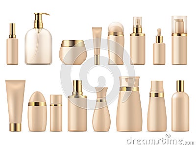 Realistic cosmetic package. Gold beauty product 3D mockup shampoo bottle lotion pump. Luxury package vector template Vector Illustration