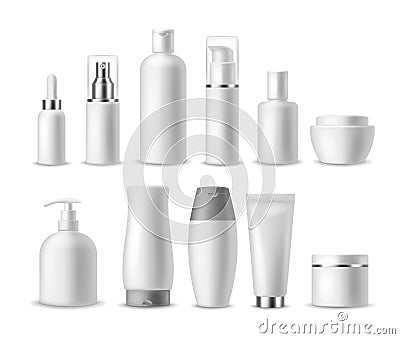 Realistic cosmetic package. White blank cosmetics bottles, containers. Beauty products. Spray, soap and cream, shampoo Vector Illustration