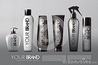 Realistic cosmetic packages collection with liquid soap shampoo conditioner cream spray Vector Illustration