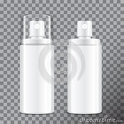 Realistic Cosmetic spray bottle. Dispenser for cream, balsam and other cosmetics. With lid and without. Vector Template Vector Illustration