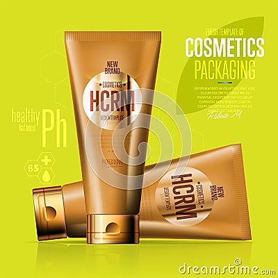 Realistic cosmetic suntan cream golden container Vector Illustration