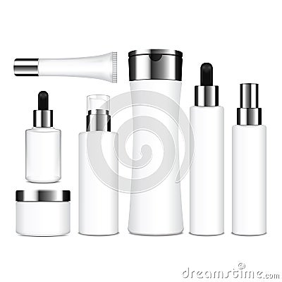 Realistic cosmetic white bottles. Vector containers, tubes, sashet for cream, balsam, lotion, gel, shampoo, foundation Vector Illustration