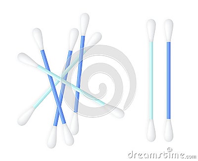 Realistic cotton buds pile. Blue ear sticks. Vector illustration. Vector Illustration