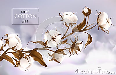 Realistic cotton flowers, tree branch. Pure organic soft autumn design, fashion nature art, white floral leaf. Organic Vector Illustration