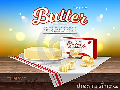 Realistic creamy butter poster. Milk product, animal fat, high calorie food, whole bar, cut curls, breakfast delicious Vector Illustration