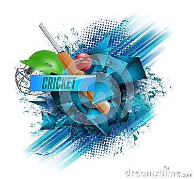 Realistic cricket elements on blue brush stroke white background Vector Illustration