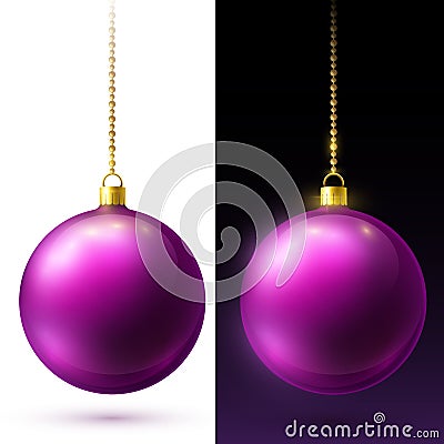 Realistic crimson matte Christmas balls hanging on gold beads chains. Vector Illustration