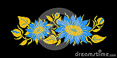 Realistic Cross-Stitch Embroideried Composition with Sunflowers Vector Illustration