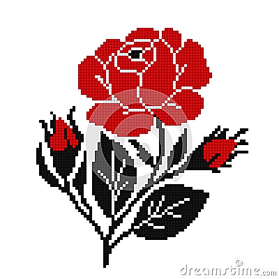 Realistic Cross-Stitch Embroideried Rose Vector Illustration