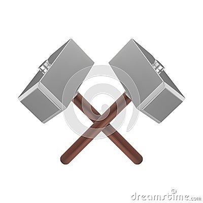 Realistic crossed metal hammers with wooden handle. Weapon of Thor icon. 3D vector illustration. Vector Illustration