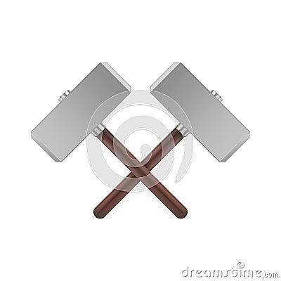 Realistic crossed metal hammers with wooden handle. Weapon of Thor icon. Vector illustration. Vector Illustration