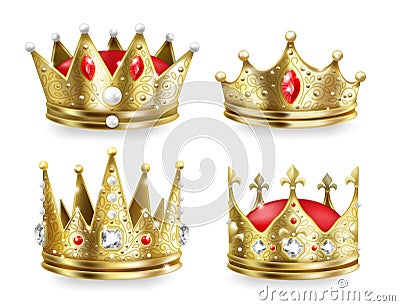 Realistic crowns. Kings and queens golden royal headdress, 3D medieval emperor luxury collection. Vector isolated golden Vector Illustration