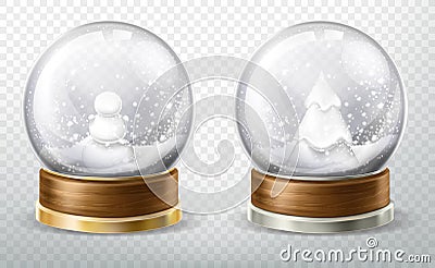 Realistic crystal globe set with fallen snow, gift Vector Illustration