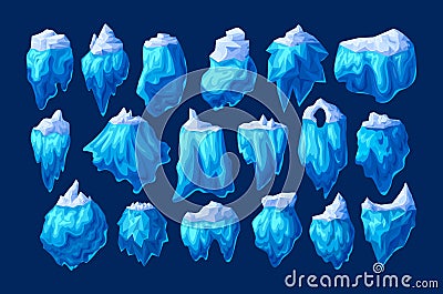 Realistic crystals of clean ice iceberg set. Cooling crystals, iceberg broken of ice, cold frozen crystal blocks ice, winter cool Vector Illustration