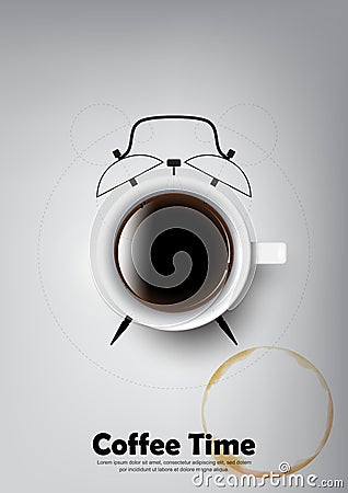 A realistic cup of black coffee and coffee cup stain with coffee clock concept , transparent vector Vector Illustration