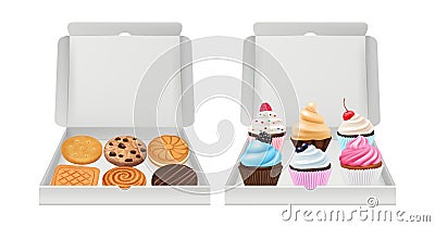 Realistic cupcakes and cookies. Biscuits muffins packaging, creamy and chocolate bakery products in white box vector Vector Illustration