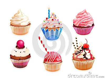 Realistic cupcakes. 3d pastry dessert, cupcake muffin with whipped cream, honey flavors homemade pastries in cup plate Vector Illustration