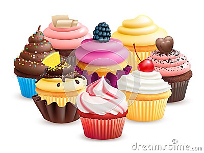 Realistic cupcakes with fruits, cream, chocolate, cherry vector illustration Vector Illustration