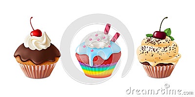 Realistic cupcakes. Homemade sweet dessert with pink and white icing in paper cups. Chocolate caramel and rainbow Vector Illustration