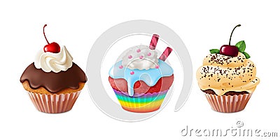 Realistic cupcakes. Homemade sweet dessert with pink and white icing in paper cups. Chocolate caramel and rainbow muffins with Vector Illustration