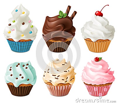 Realistic cupcakes. Sweet creamy desserts muffins with cherry and chocolate, delicious confectionery and baking Vector Illustration