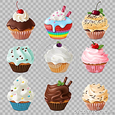 Realistic cupcakes. Sweet homemade dessert with pink and white icing in paper cups 3d object vector set Vector Illustration