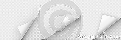 Realistic curled paper corners set. Mockup pages edge curl and bent papers. Curly page corner A4. 3D Page Curl with shadow - stock Vector Illustration