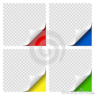 Realistic Curly Page Colored Corners set with transparent shadow for your design. Graphic element for documents Vector Illustration