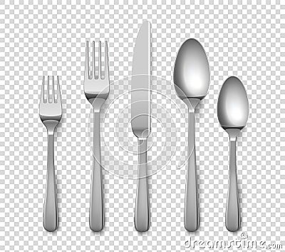 Realistic cutlery. 3D forks and knives or spoons. Isolated metal objects for table setting on transparent background Vector Illustration