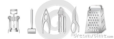 Realistic stainless metal kitchen appliances cutlery vector illustration Vector Illustration