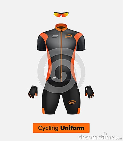 Realistic cycling uniform template. Black and orange. Branding mockup. Stock Photo